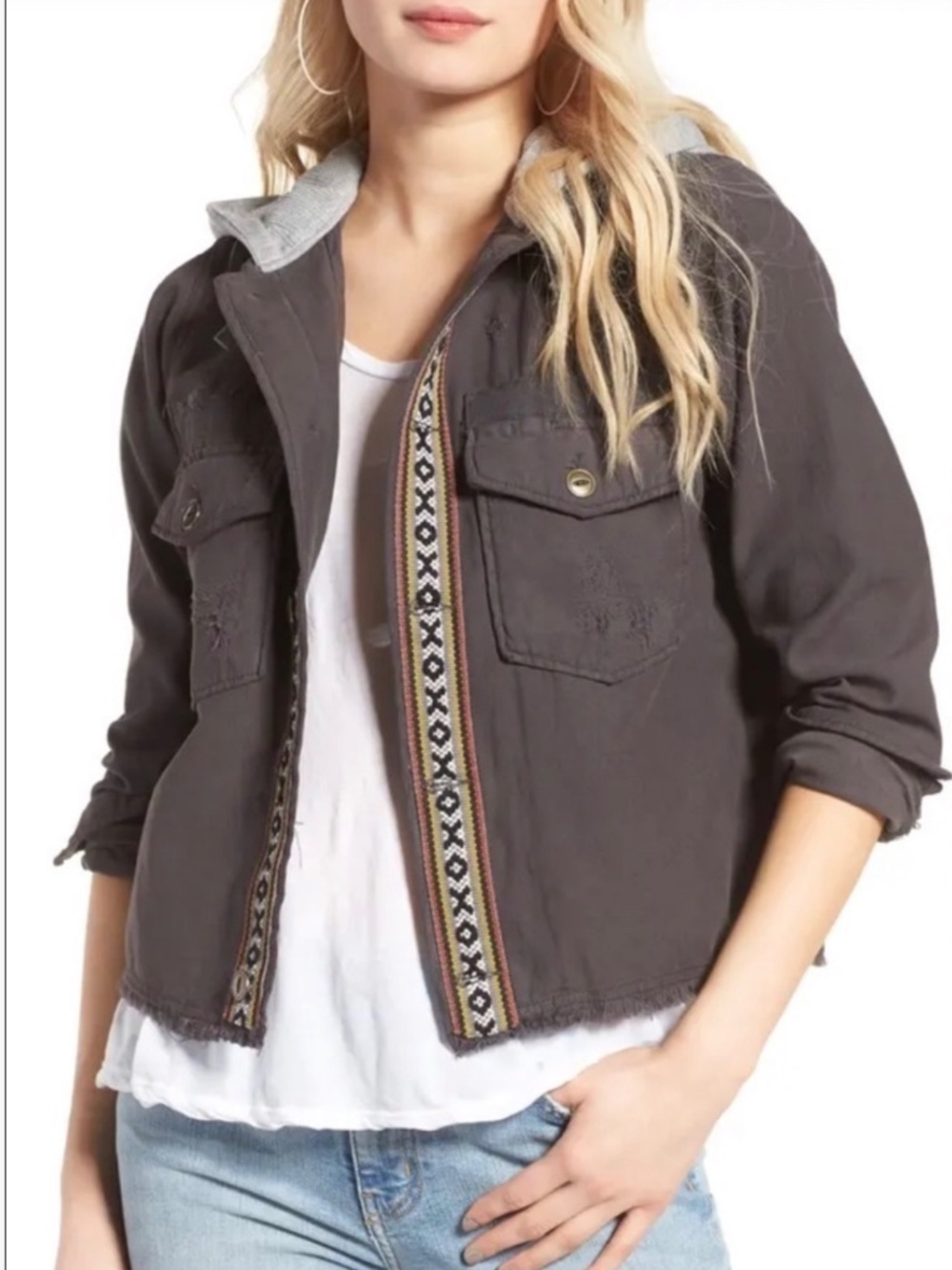 Free People Gray distressed utility jacket w/knit hood Size Med  Boho Festival